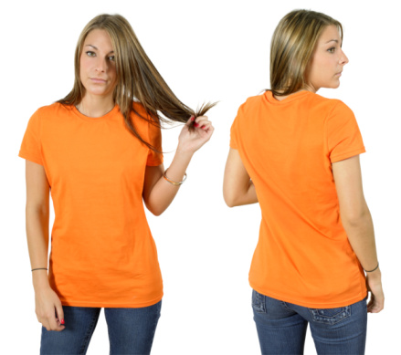 Young beautiful female with blank orange shirt, front and back. Ready for your design or logo.
