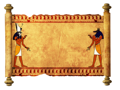 Scroll with Egyptian gods images - Anubis and Horus. Object over white