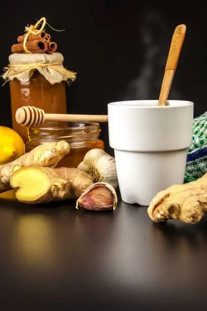 Treatment of influenza and colds. Traditional medicine. Ginger tea. Hot drink. Medicinal plants. Home pharmacy