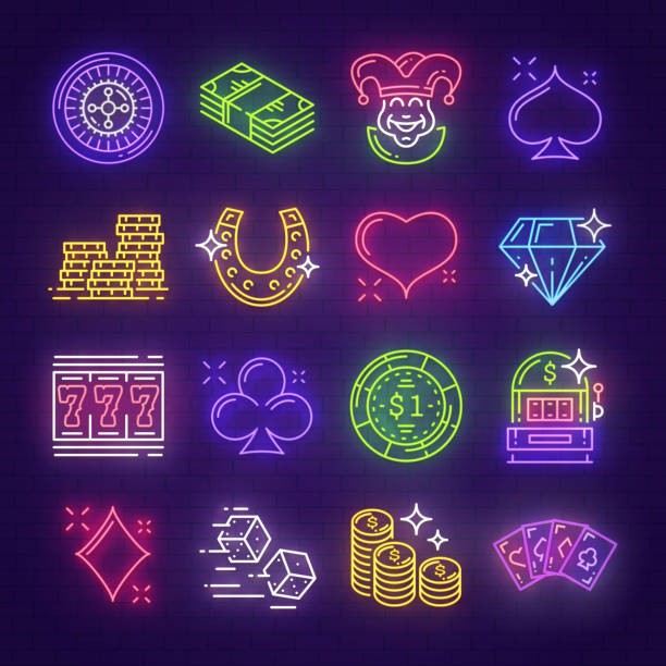 neon schilder für casino, poker, glücksspiel - cards dice poker casino stock-grafiken, -clipart, -cartoons und -symbole