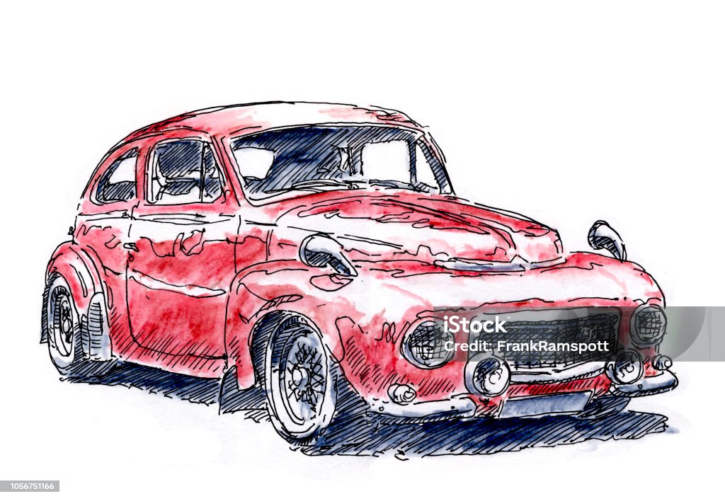 Red European Classic Car Ink Drawing and Watercolor Red European Classic Car. Fountain Pen Ink Drawing and Watercolor Pencils. Drawn on location. Vintage Car stock illustration