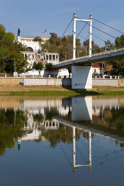 Bridge over the river of Ural in Orenburg. stock photo