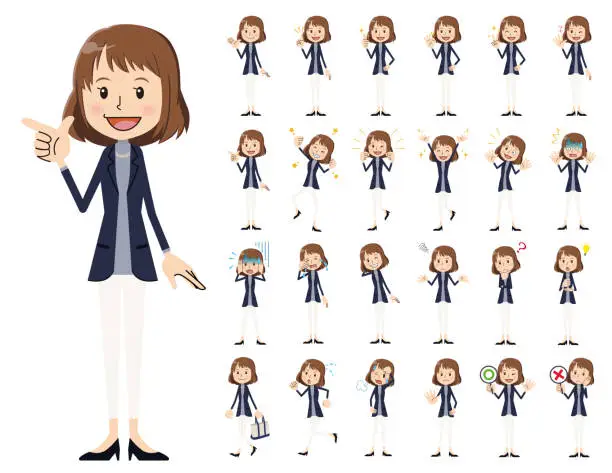 Vector illustration of female charactor set. Various poses and emotions.