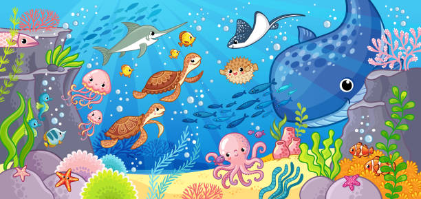 Animaux de dessin animé mignon sous l’eau. Illustration vectorielle sur un thème de la mer. - Illustration vectorielle