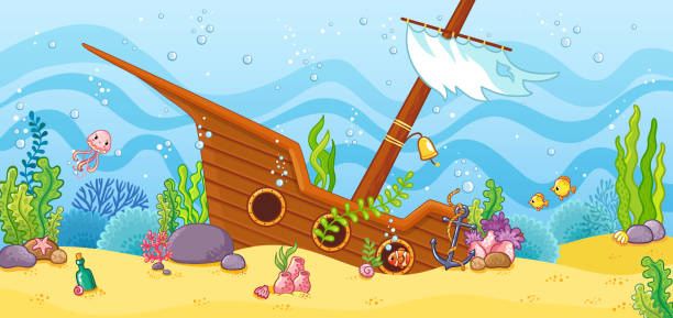 ilustrações, clipart, desenhos animados e ícones de navio afundado no fundo do mar. - shipwreck