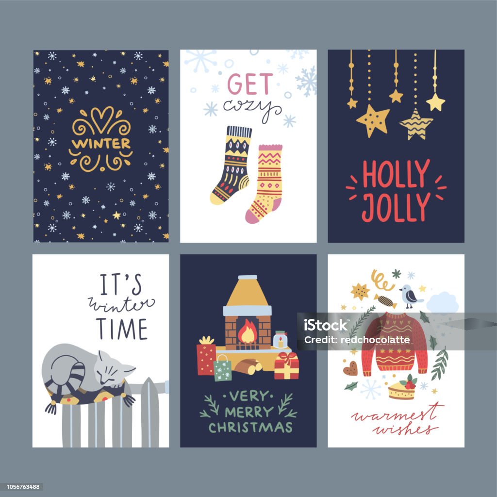 Christmas and New Year winter posters and greeting cards. Happy holidays graphic set with lovely hygge lifestyle elements Greeting Card stock vector