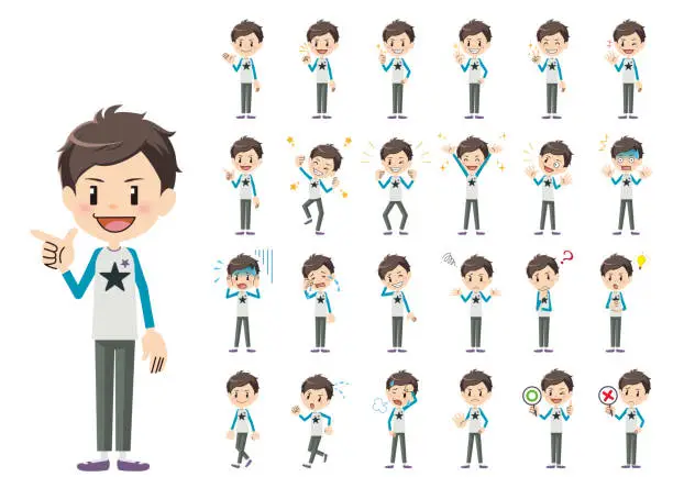 Vector illustration of Boy charactor set. Various poses and emotions.