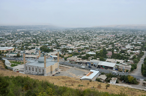 View of Osh from Sulaiman-Too sacred mountain,listed as unesco heritage, located in Fergana valley, Kyrgyzstan, Central Asia,historical place with many worship and cult sites