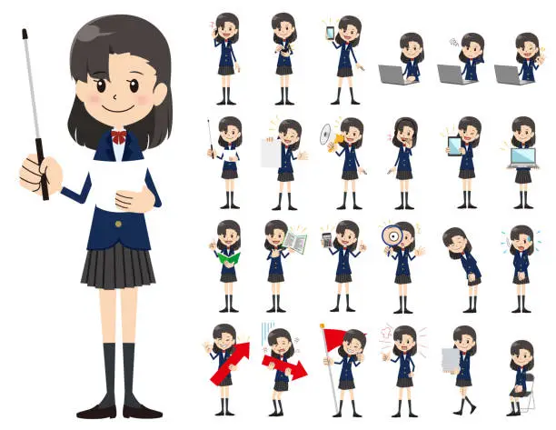 Vector illustration of Schoolgirl charactor set. Presenting in various action.