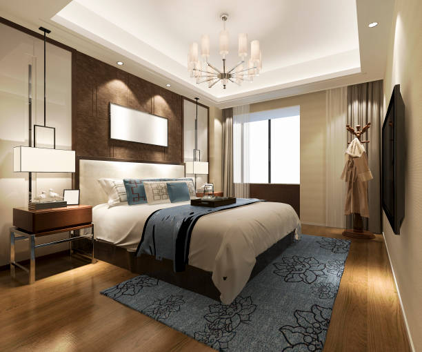 3d rendering beautiful luxury bedroom suite in hotel with tv stock photo