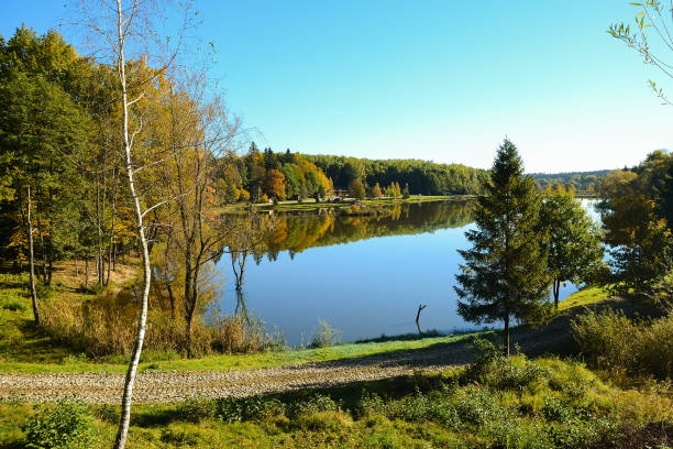istock Autumn landscape on a sunny clear day. Blue sky, lake and forest. 1056769992