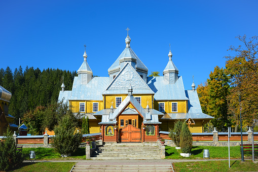 Ukrainian Greco-Catholic Church of Assumption of the Blessed Virgin in Verkhovyna, Ukraine. Wooden religious building of Christian Cathedral.