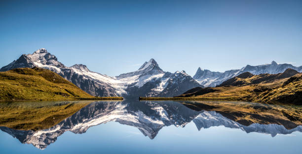 Bachalpsee Lake Lake Bachalpsee with reflecting Mountain, Schreckhorn, Finsteraarhorn, Grindelwald, Alps, Berne, Switzerland panoramic stock pictures, royalty-free photos & images