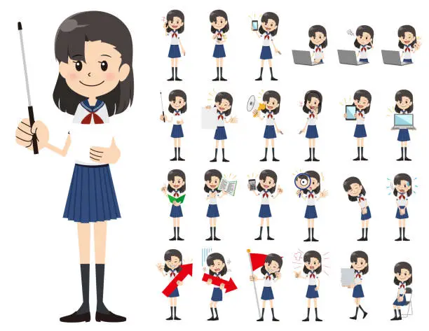 Vector illustration of Schoolgirl charactor set. Presenting in various action.