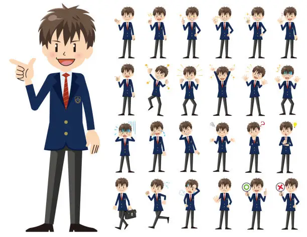 Vector illustration of Schoolboy charactor set. Various poses and emotions.