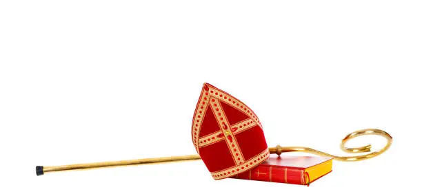 Mitre or miter and staff of saint nicholas. Isolated on white background. Sinterklaas border