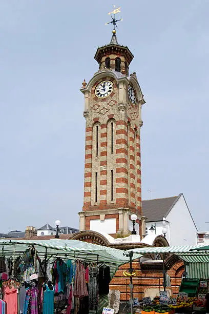 Clocktower with Market stalls at Epsom. Surrey. England