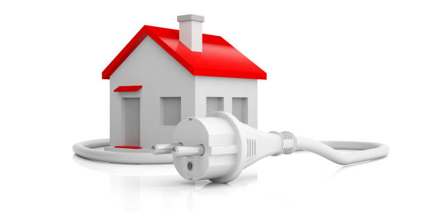 istock Power plug and a small house isolated on white background. 3d illustration 1056779296