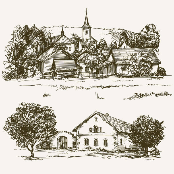 ilustraciones, imágenes clip art, dibujos animados e iconos de stock de paisaje de aldea rural, granja. - casitas