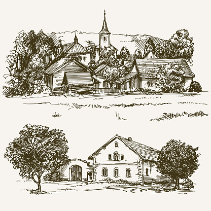 Rural village landscape, farm. Hand drawn set.