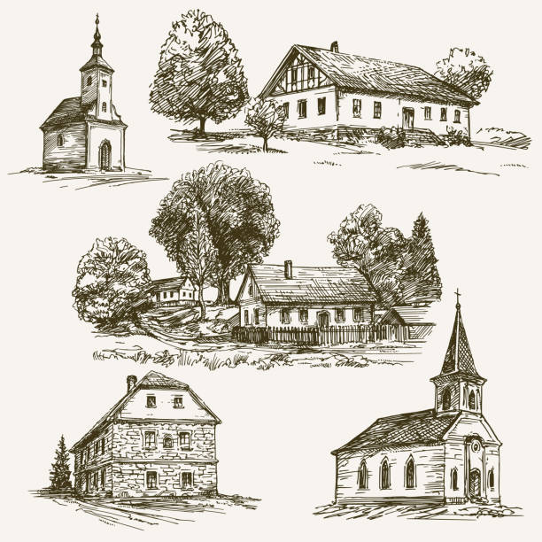 ilustraciones, imágenes clip art, dibujos animados e iconos de stock de paisaje de aldea rural, granja. sistema de mano alzada. - old house illustrations