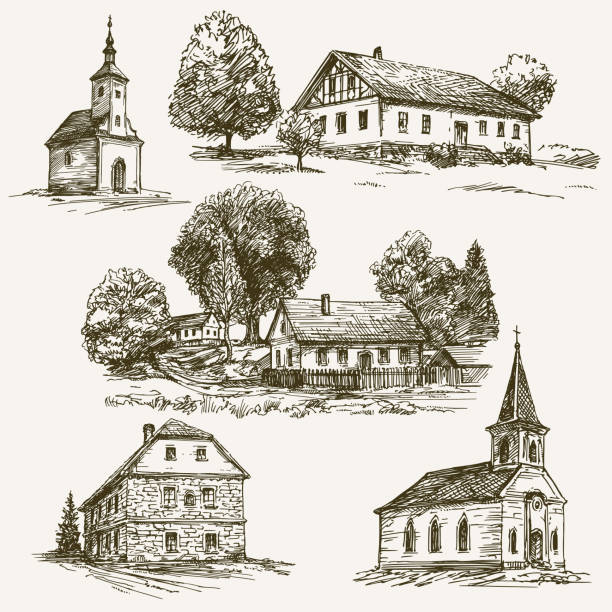 ilustrações, clipart, desenhos animados e ícones de paisagem rural aldeia, fazenda. conjunto de mão desenhada. - igreja