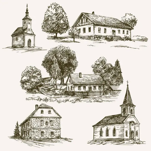 Vector illustration of Rural village landscape, farm. Hand drawn set.