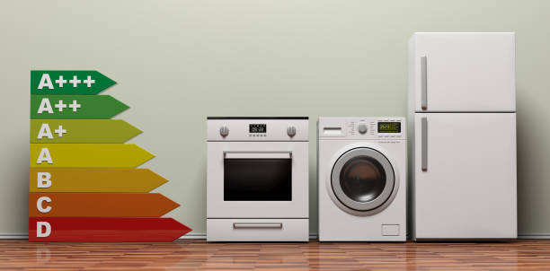 istock Home appliances set and energy efficiency chart on wooden floor. 3d illustration 1056779400