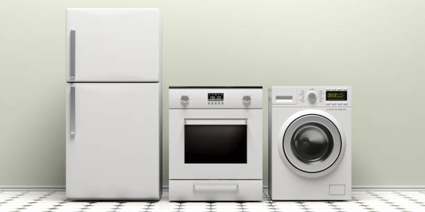 istock Home appliances set on white tiled floor. 3d illustration 1056779402