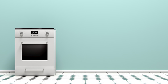 Kitchen oven. Electric stove on tiled floor, blue wall background, copy space. 3d illustration