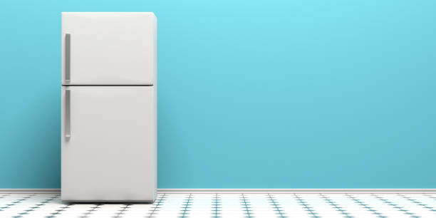 frigorifero su pavimento piastrellato, sfondo della parete blu, spazio di copia. illustrazione 3d - frigorifero foto e immagini stock