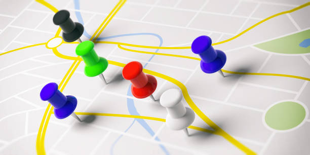 istock Colorful push pins, on a map background. 3d illustration. 1056779470