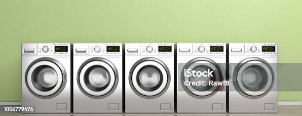 Waschmaschinen Trockner Maschinen Auf Holzboden Grüne Wand Hintergrund Banner 3d Illustration Stockfoto und mehr Bilder von Waschsalon