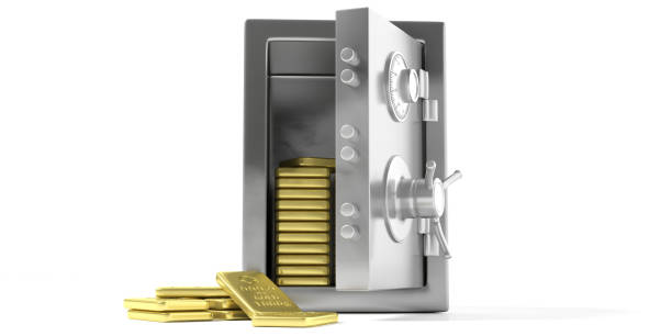 istock Safety vault with gold bullion on a white background. 3d illustration. 1056779508