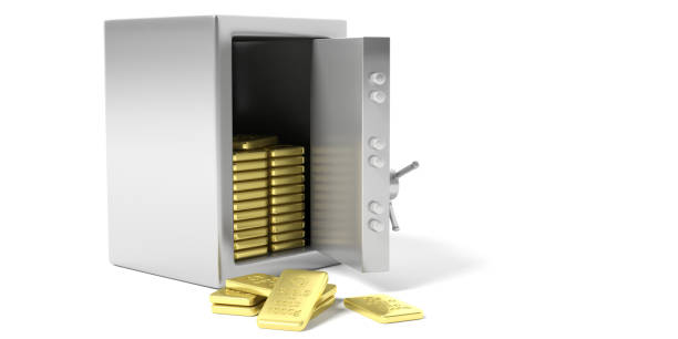 хранилище безопасности с золотыми слитки на белом фоне. 3d иллюстрация. - accessibility bank banking treasure стоковые фото и изображения
