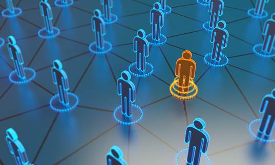 Standing out from the crowd concept with a orange colored man between the blue ones. Can be used also social network connections. ( 3d render )