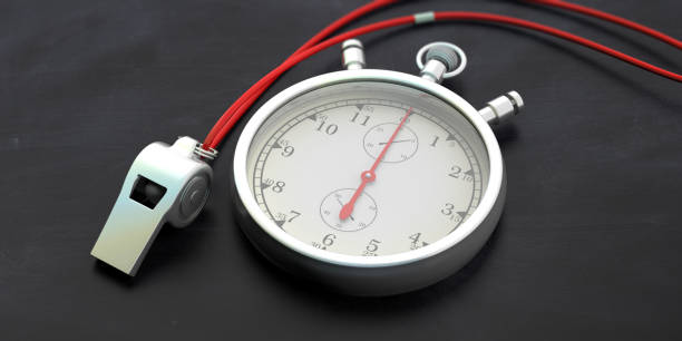 coach whistle and stopwatch isolated on school blackboard. 3d illustration - time duration imagens e fotografias de stock