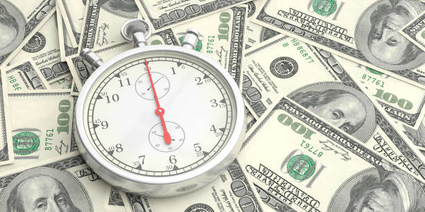 chronomètre, minuteur sur les billets en dollars. illustration 3d - second place audio photos et images de collection