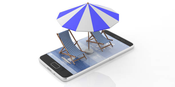 istock Beach chairs and umbrella on a smartphone isolated on white background. 3d illustration 1056780402