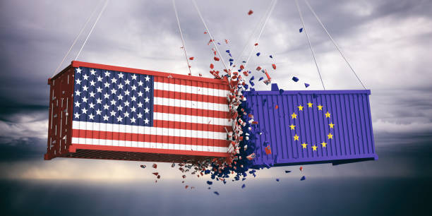 istock US of America and European Union flags crashed containers on blue cloudy sky background. 3d illustration 1056780430