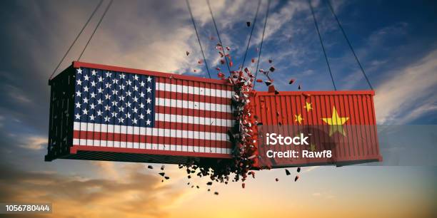 Usa And China Trade War Us Of America And Chinese Flags Crashed Containers On Sky At Sunset Background 3d Illustration Stock Photo - Download Image Now