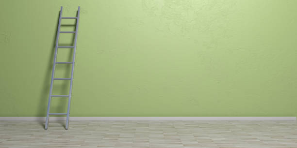 istock Metal ladder leaning against a green wall, copy space. 3d illustration 1056780568