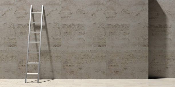 istock Metal ladder leaning against a stone wall, copy space. 3d illustration 1056780588