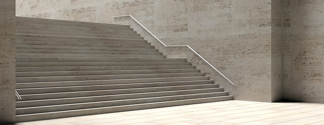 Contemporary stone stairs and wall with stainless steel rail, banner. 3d illustration