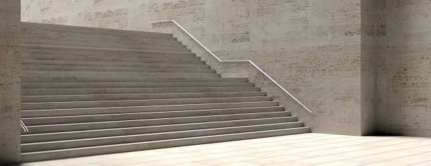 Stone stairs and wall with metal rail, banner. 3d illustration Contemporary stone stairs and wall with stainless steel rail, banner. 3d illustration outdoor staircase stock pictures, royalty-free photos & images