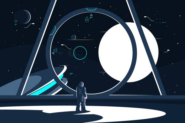 Spacesuit astronaut in spaceship looking at moon. Spacesuit astronaut in spaceship looking at moon. Space station interior. Flat. Vector illustration. space exploration stock illustrations