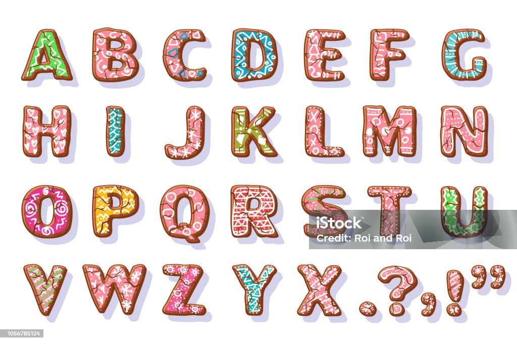 Ginger cookies alphabet. Christmas food letters vector cartoon set isolated on white background. Christmas cookie alphabet, font, letters. Vector set. Christmas stock vector