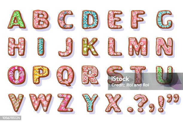 Ginger Cookies Alphabet Christmas Food Letters Vector Cartoon Set Isolated On White Background Stock Illustration - Download Image Now