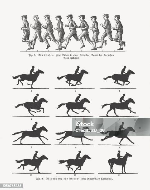 Early Moving Pictures Running Man And Rider Published 1897 Stock Illustration - Download Image Now