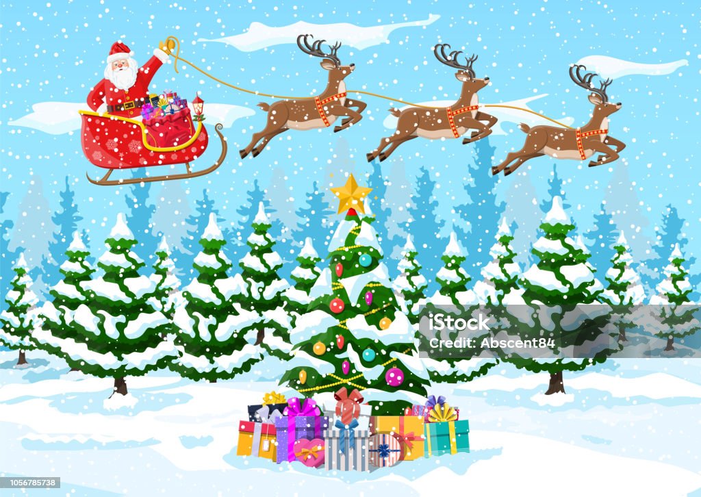 Christmas Tree Santa Claus With Reindeer Sleigh Stock Illustration -  Download Image Now - Animal, Animal Sleigh, Bag - iStock